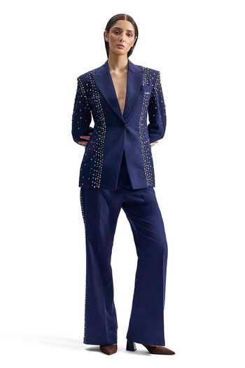 Buy_Cilvr_Navy Viscose, Polyester Stud Armour Tailored Blazer Set 