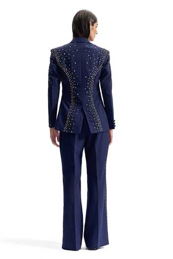 Cilvr_Navy Viscose, Polyester Stud Armour Tailored Blazer Set _Online_at_Aza_Fashions