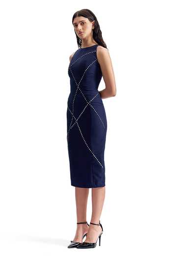 Buy_Cilvr_Navy Viscose, Polyester High Neck Studded Tailored Dress _Online_at_Aza_Fashions