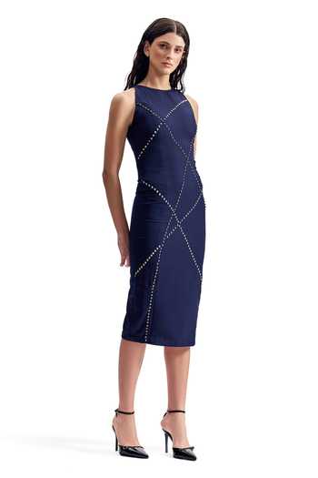 Shop_Cilvr_Navy Viscose, Polyester High Neck Studded Tailored Dress _Online_at_Aza_Fashions