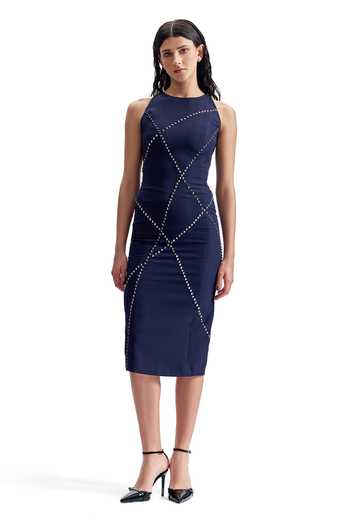 Cilvr_Navy Viscose, Polyester High Neck Studded Tailored Dress _at_Aza_Fashions