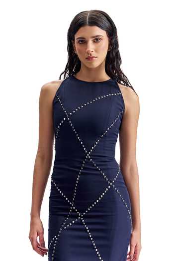 Buy_Cilvr_Navy Viscose, Polyester High Neck Studded Tailored Dress 
