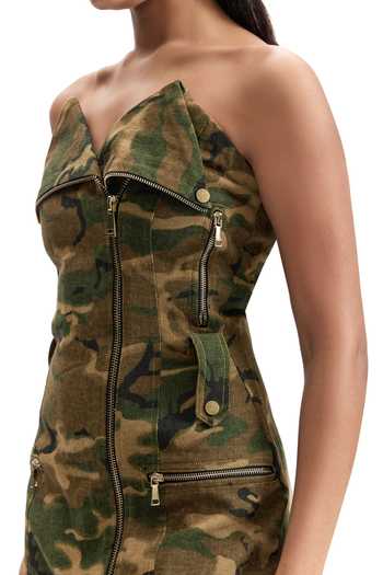 Shop_Cilvr_Green Cotton Sweetheart Neck Tactical Camo Biker Dress 