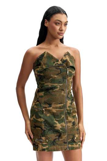 Buy_Cilvr_Green Cotton Sweetheart Neck Tactical Camo Biker Dress _at_Aza_Fashions