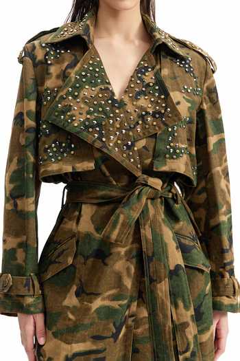 Cilvr_Green Cotton Collared Studded Camo Trench Jacket _Online