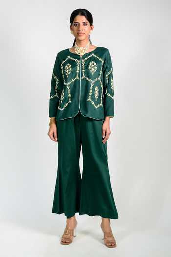 Buy_Agraj Jain_Green Silk, Viscose, Bamboo Round Neck Hexagon Pearl Embroidered Top And Pant Set _at_Aza_Fashions