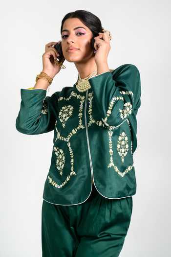 Agraj Jain_Green Silk, Viscose, Bamboo Round Neck Hexagon Pearl Embroidered Top And Pant Set _at_Aza_Fashions