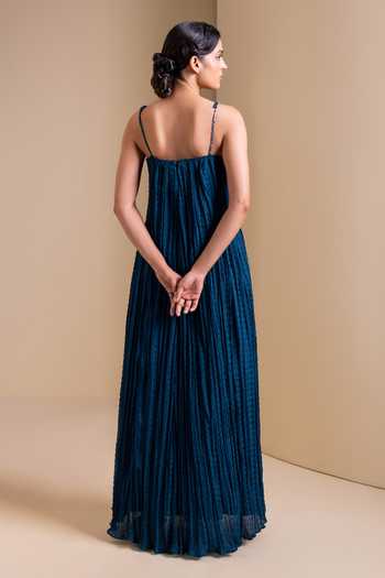 Shop_Aamra By Lavanya_Blue Silk Sweetheart Neck Kalamkari Maxi Dress _at_Aza_Fashions