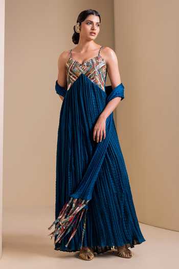 Aamra By Lavanya_Blue Silk Sweetheart Neck Kalamkari Maxi Dress _Online_at_Aza_Fashions