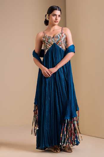 Buy_Aamra By Lavanya_Blue Silk Sweetheart Neck Kalamkari Maxi Dress _at_Aza_Fashions