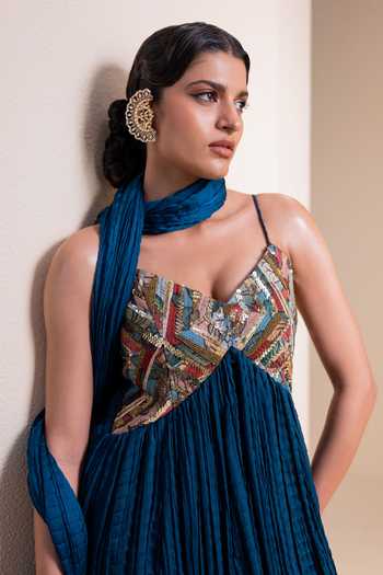 Buy_Aamra By Lavanya_Blue Silk Sweetheart Neck Kalamkari Maxi Dress _Online_at_Aza_Fashions