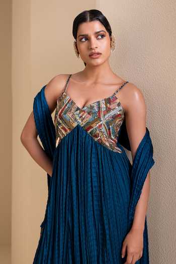 Shop_Aamra By Lavanya_Blue Silk Sweetheart Neck Kalamkari Maxi Dress _Online_at_Aza_Fashions
