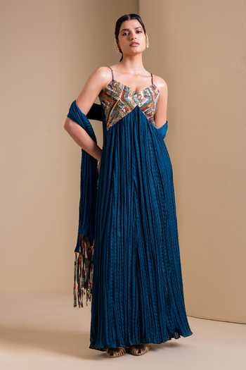 Aamra By Lavanya_Blue Silk Sweetheart Neck Kalamkari Maxi Dress _at_Aza_Fashions