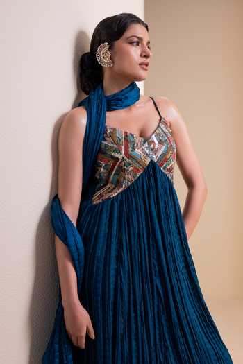 Buy_Aamra By Lavanya_Blue Silk Sweetheart Neck Kalamkari Maxi Dress 