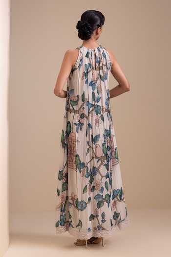 Shop_Aamra By Lavanya_Ivory Georgette High Neck Kalamkari Pattern Maxi Dress _at_Aza_Fashions