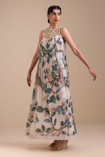 Aamra By Lavanya_Ivory Georgette High Neck Kalamkari Pattern Maxi Dress _Online_at_Aza_Fashions