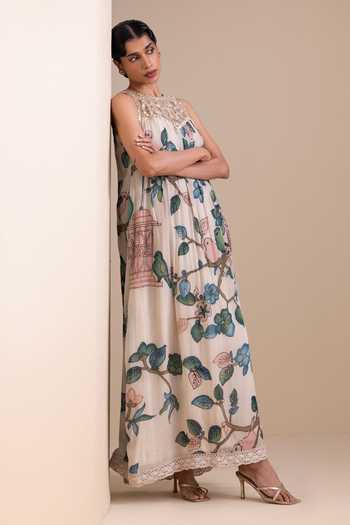 Buy_Aamra By Lavanya_Ivory Georgette High Neck Kalamkari Pattern Maxi Dress _Online_at_Aza_Fashions