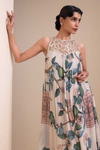 Shop_Aamra By Lavanya_Ivory Georgette High Neck Kalamkari Pattern Maxi Dress _Online_at_Aza_Fashions
