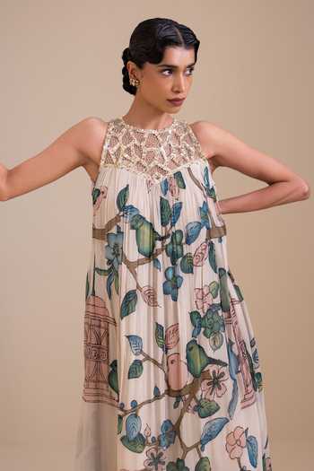 Aamra By Lavanya_Ivory Georgette High Neck Kalamkari Pattern Maxi Dress _at_Aza_Fashions