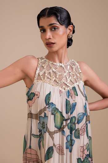 Buy_Aamra By Lavanya_Ivory Georgette High Neck Kalamkari Pattern Maxi Dress 