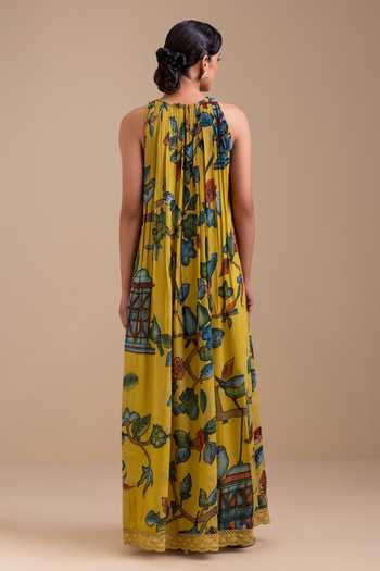 Shop_Aamra By Lavanya_Yellow Georgette High Neck Kalamkari Pattern Dress _at_Aza_Fashions