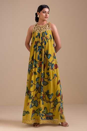 Aamra By Lavanya_Yellow Georgette High Neck Kalamkari Pattern Dress _Online_at_Aza_Fashions