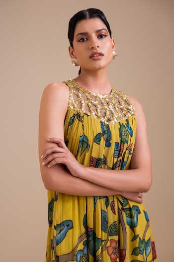 Buy_Aamra By Lavanya_Yellow Georgette High Neck Kalamkari Pattern Dress _Online_at_Aza_Fashions