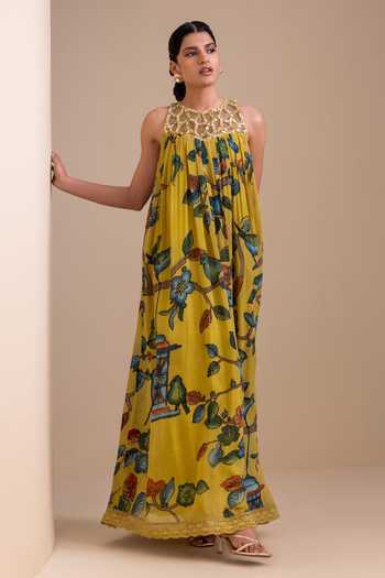Shop_Aamra By Lavanya_Yellow Georgette High Neck Kalamkari Pattern Dress _Online_at_Aza_Fashions