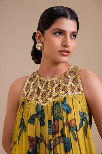 Aamra By Lavanya_Yellow Georgette High Neck Kalamkari Pattern Dress _at_Aza_Fashions