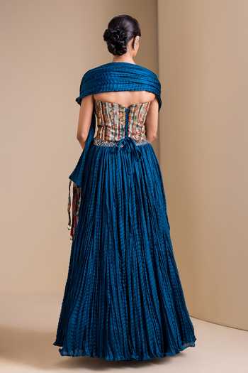 Shop_Aamra By Lavanya_Blue Silk Sweetheart Neck Kalamkari Blouse Lehenga Set _at_Aza_Fashions