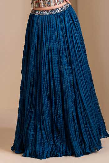 Aamra By Lavanya_Blue Silk Sweetheart Neck Kalamkari Blouse Lehenga Set _Online_at_Aza_Fashions