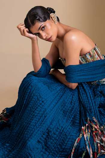 Shop_Aamra By Lavanya_Blue Silk Sweetheart Neck Kalamkari Blouse Lehenga Set _Online_at_Aza_Fashions