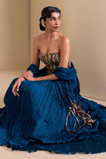 Aamra By Lavanya_Blue Silk Sweetheart Neck Kalamkari Blouse Lehenga Set _at_Aza_Fashions