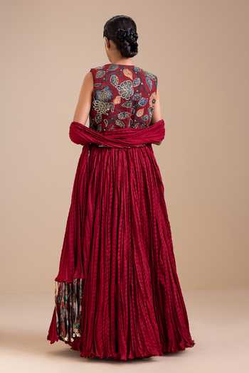 Shop_Aamra By Lavanya_Maroon Silk Sweetheart , Open Kalamkari Pattern Jacket Lehenga Set _at_Aza_Fashions
