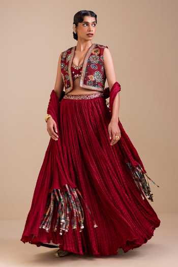 Aamra By Lavanya_Maroon Silk Sweetheart , Open Kalamkari Pattern Jacket Lehenga Set _Online_at_Aza_Fashions