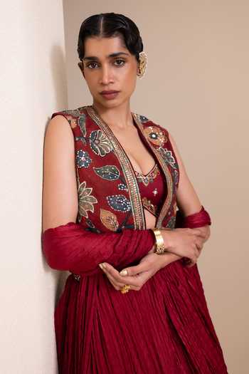 Buy_Aamra By Lavanya_Maroon Silk Sweetheart , Open Kalamkari Pattern Jacket Lehenga Set _Online_at_Aza_Fashions