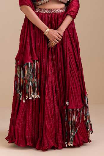 Shop_Aamra By Lavanya_Maroon Silk Sweetheart , Open Kalamkari Pattern Jacket Lehenga Set _Online_at_Aza_Fashions