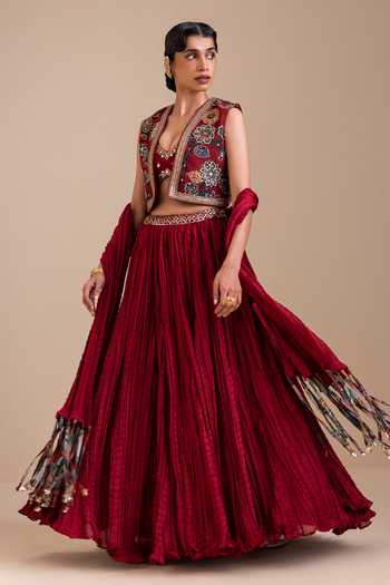 Aamra By Lavanya_Maroon Silk Sweetheart , Open Kalamkari Pattern Jacket Lehenga Set _at_Aza_Fashions