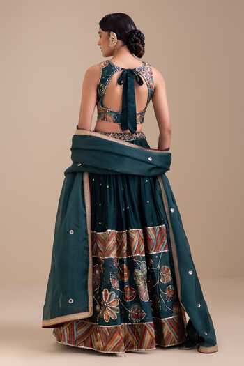 Shop_Aamra By Lavanya_Green Silk, Organza Round Neck Hand Embroidered Lehenga Set _at_Aza_Fashions