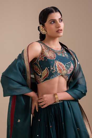 Aamra By Lavanya_Green Silk, Organza Round Neck Hand Embroidered Lehenga Set _Online_at_Aza_Fashions