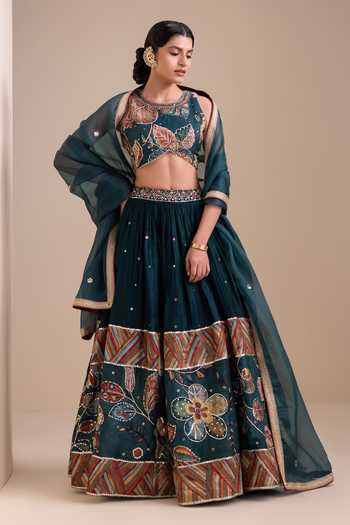Buy_Aamra By Lavanya_Green Silk, Organza Round Neck Hand Embroidered Lehenga Set _Online_at_Aza_Fashions
