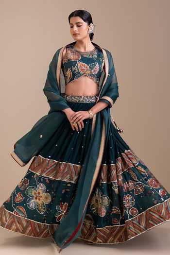 Shop_Aamra By Lavanya_Green Silk, Organza Round Neck Hand Embroidered Lehenga Set _Online_at_Aza_Fashions