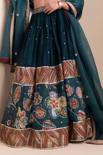 Aamra By Lavanya_Green Silk, Organza Round Neck Hand Embroidered Lehenga Set _at_Aza_Fashions