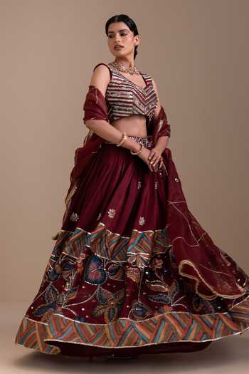 Shop_Aamra By Lavanya_Maroon Silk, Organza V-neck Hand Embroidered Lehenga Set _at_Aza_Fashions
