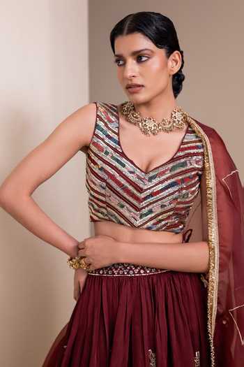 Buy_Aamra By Lavanya_Maroon Silk, Organza V-neck Hand Embroidered Lehenga Set _Online_at_Aza_Fashions