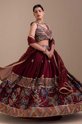 Shop_Aamra By Lavanya_Maroon Silk, Organza V-neck Hand Embroidered Lehenga Set _Online_at_Aza_Fashions