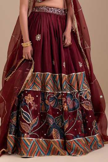 Aamra By Lavanya_Maroon Silk, Organza V-neck Hand Embroidered Lehenga Set _at_Aza_Fashions