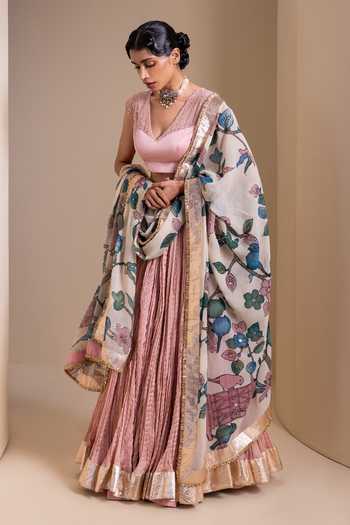 Aamra By Lavanya_Pink Silk, Georgette V-neck Pleated Lehenga Set With Floral Pattern Dupatta _Online_at_Aza_Fashions