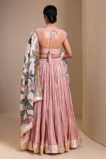 Shop_Aamra By Lavanya_Pink Silk, Georgette V-neck Pleated Lehenga Set With Floral Pattern Dupatta _at_Aza_Fashions