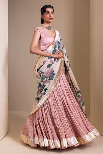 Buy_Aamra By Lavanya_Pink Silk, Georgette V-neck Pleated Lehenga Set With Floral Pattern Dupatta _Online_at_Aza_Fashions